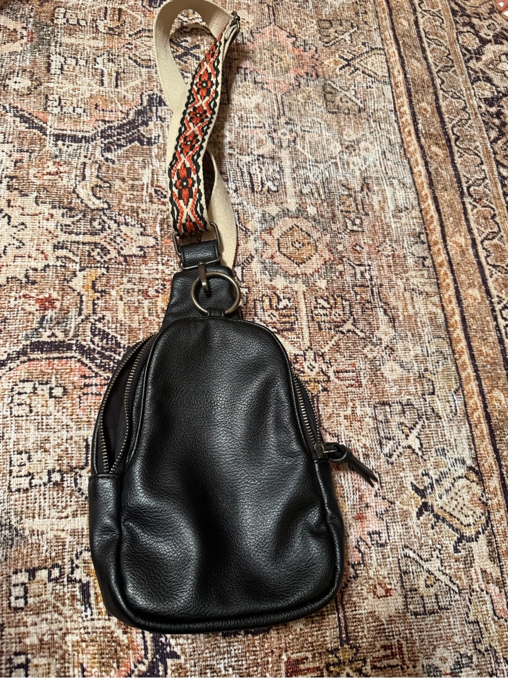 Womens Black Leather Sling Bag with Patterned Strap